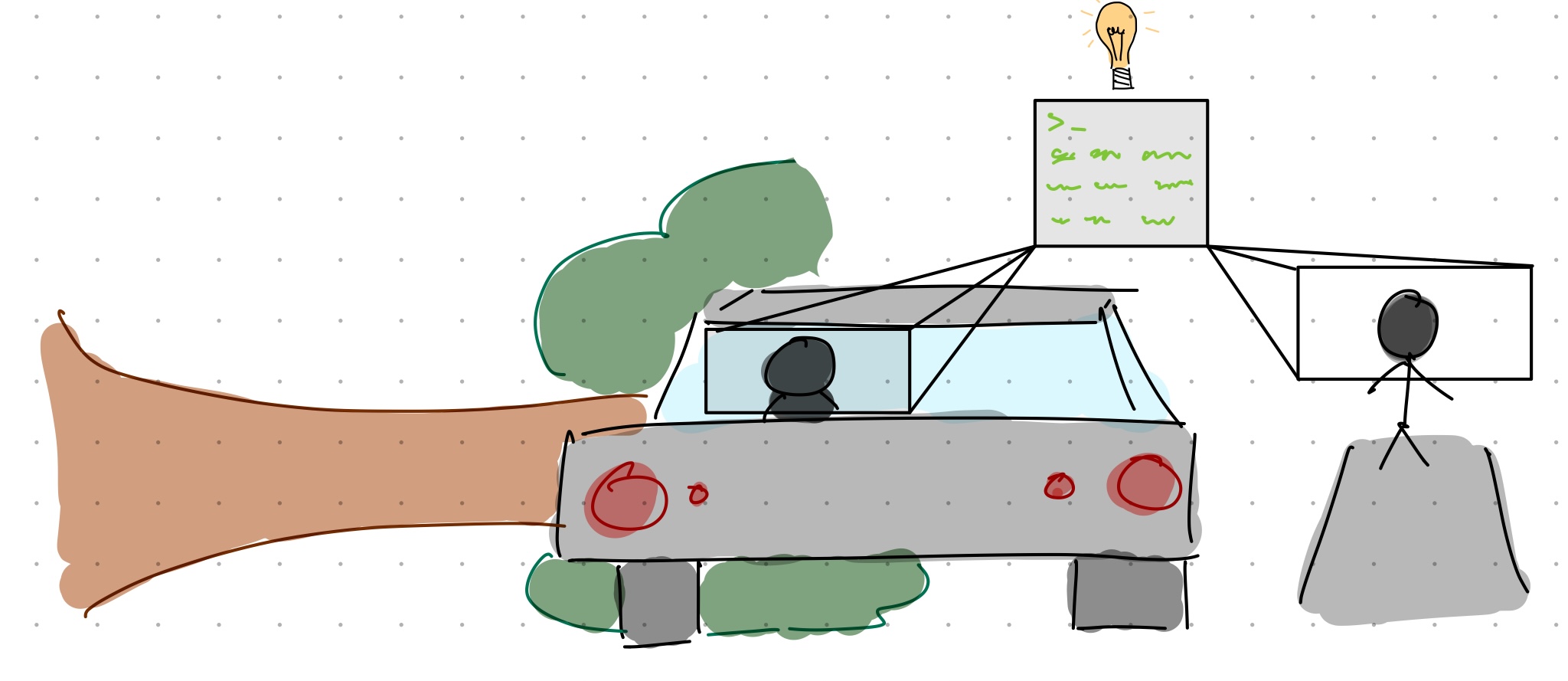 A car with a tree fallen infront of it and a pedestrian that will be hit.